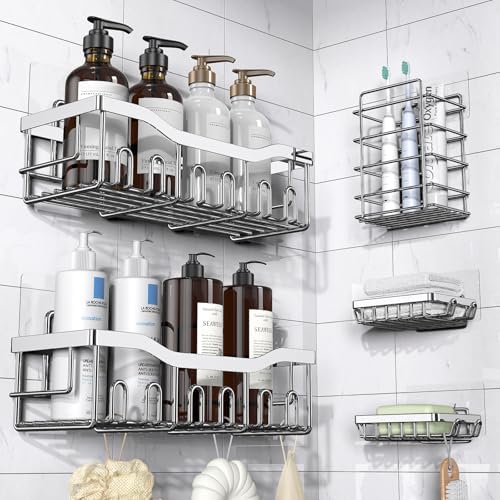 5-Pack Adhesive Shower Caddy, Rustproof Stainless Steel Bathroom Organizer with Large Capacity