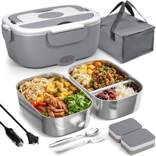 80W Electric Lunch Box with Dual 1.5L Stainless Steel Containers - Portable Food Warmer for Car & Home
