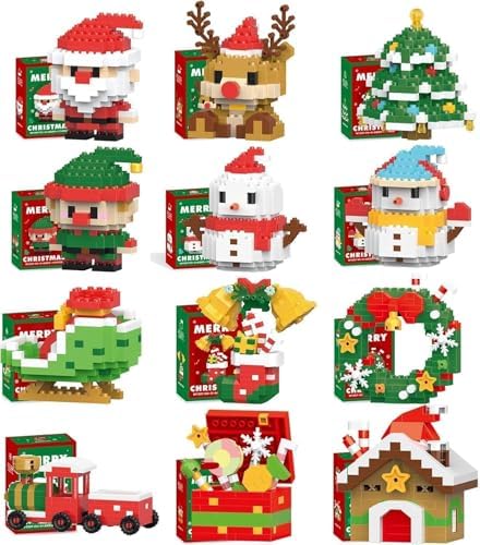 12 Pack Christmas Building Blocks Set, Santa Claus Mini Figures, DIY Stocking Stuffers, Holiday Party Favors