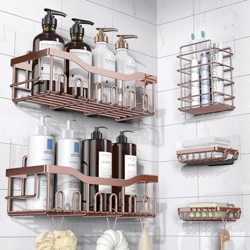 5-Pack Adhesive Shower Caddy, Rustproof Stainless Steel Bathroom Organizer with Large Capacity