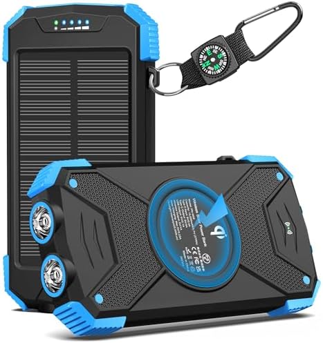 10,000mAh Solar Power Bank with 20W Fast Charging, Wireless Charger, Dual Flashlight for Camping