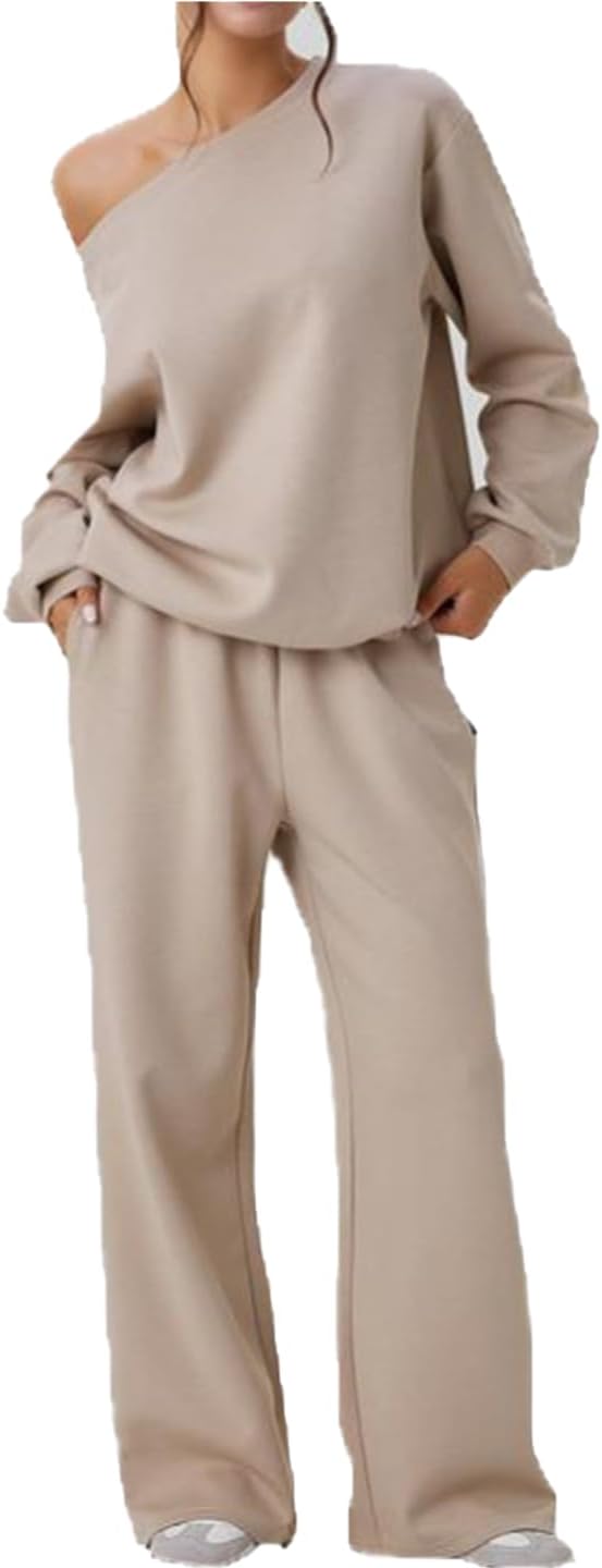 Off-Shoulder Sweatsuit Set for Women - Long Sleeve Top & Wide Leg Jogging Pants