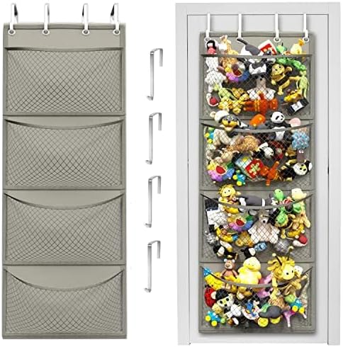 Over the Door Stuffed Animal Storage Organizer with 4 Large Mesh Pockets for Plush Toys