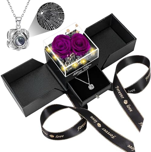 Preserved Red Rose with I Love You Necklace - Eternal Flower Gift for Women