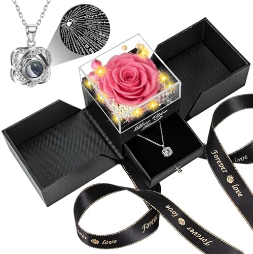 Preserved Red Rose with I Love You Necklace - Eternal Flower Gift for Women