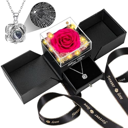Preserved Red Rose with I Love You Necklace - Eternal Flower Gift for Women