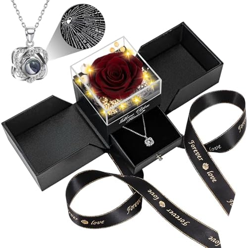Preserved Red Rose with I Love You Necklace - Eternal Flower Gift for Women