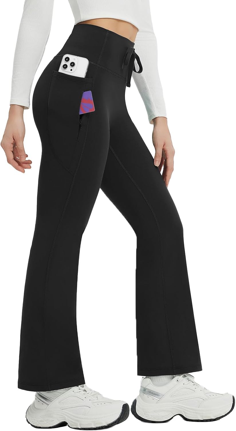 Women's Fleece Lined Bootcut Flare Leggings with Zip Pockets for Cold Weather