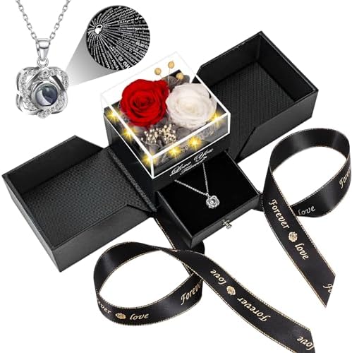 Preserved Red Rose with I Love You Necklace - Eternal Flower Gift for Women