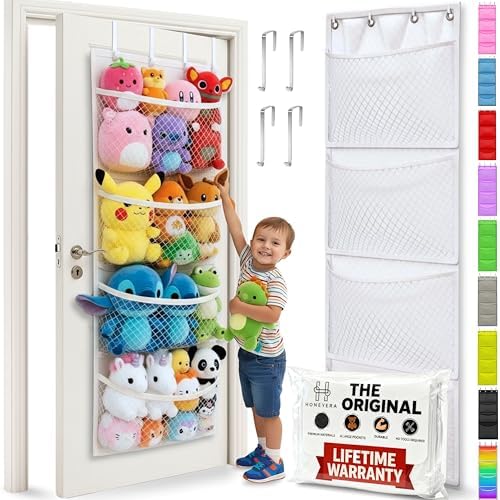 Over the Door Stuffed Animal Storage Organizer with 4 Large Mesh Pockets for Plush Toys