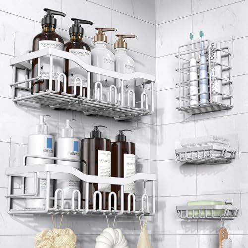 5-Pack Adhesive Shower Caddy, Rustproof Stainless Steel Bathroom Organizer with Large Capacity