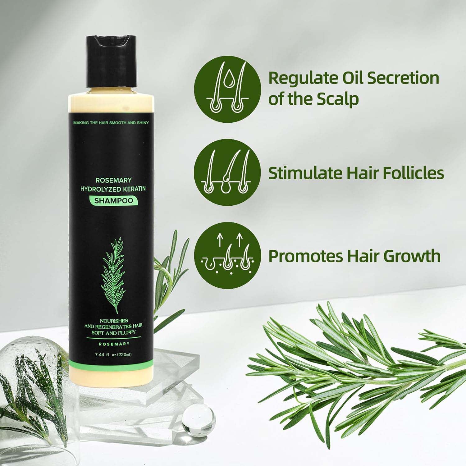 Organic Rosemary Hair Growth Shampoo with Hydrolyzed Keratin for Thinning Hair & Breakage 7.4 oz