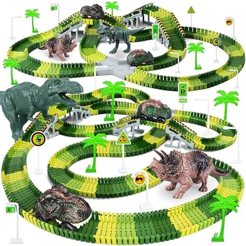 Dinosaur World Race Track Set with 216 Flexible Pieces & 2 Dinosaur Cars for Kids 3+