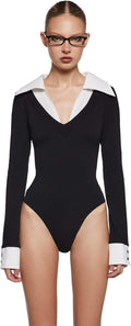 Eleanor Collared Bodysuit - V-Neck Knit Bodysuit with Twill Collar & Snap Closure
