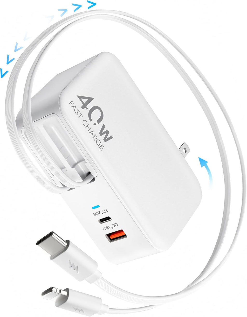 40W 4-in-1 Retractable Wall Charger with Foldable Plug & Dual Cables