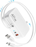 40W 4-in-1 Retractable Wall Charger with Foldable Plug & Dual Cables