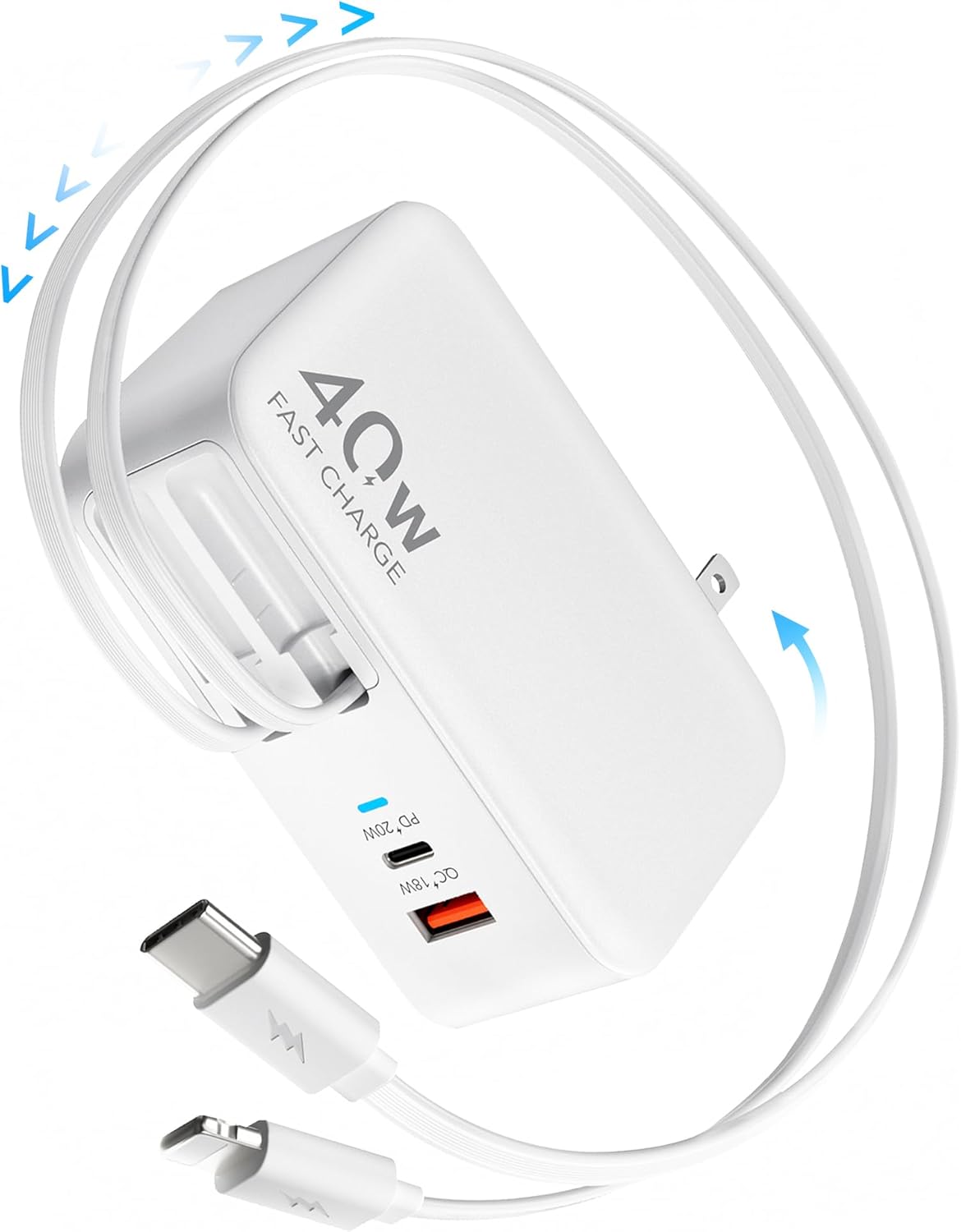 40W 4-in-1 Retractable Wall Charger with Foldable Plug & Dual Cables