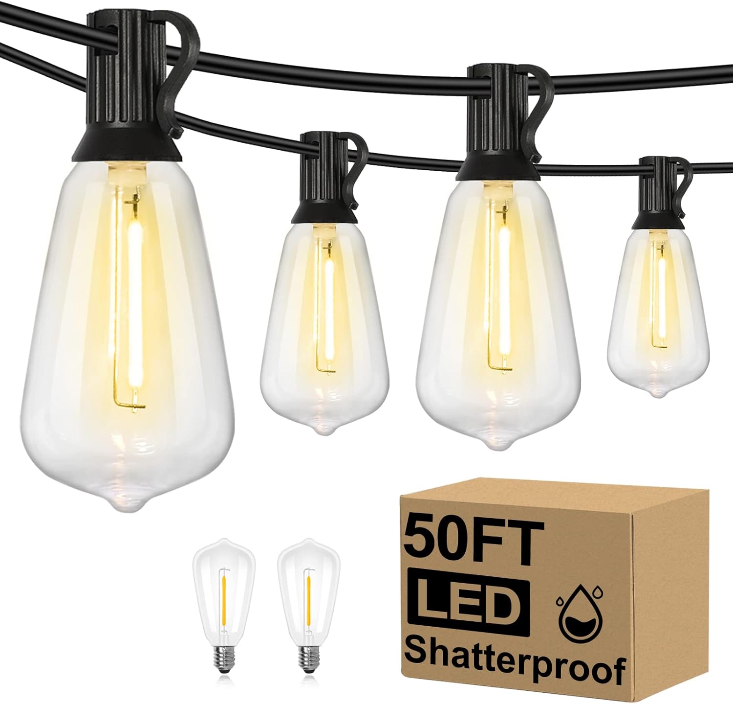 100FT Outdoor LED String Lights with 52 Shatterproof Vintage Edison Bulbs, Waterproof Dimmable Patio Lighting