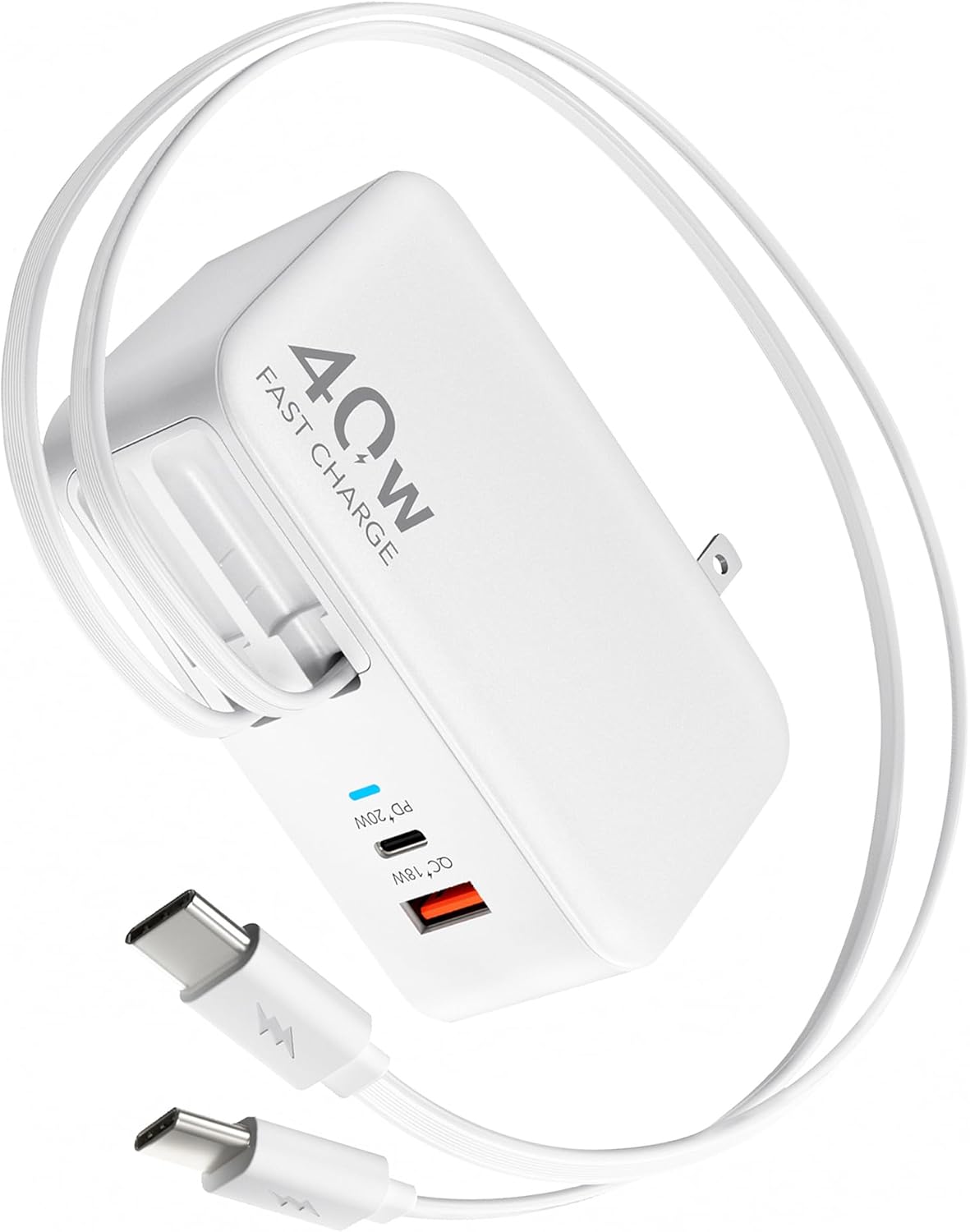40W 4-in-1 Retractable Wall Charger with Foldable Plug & Dual Cables