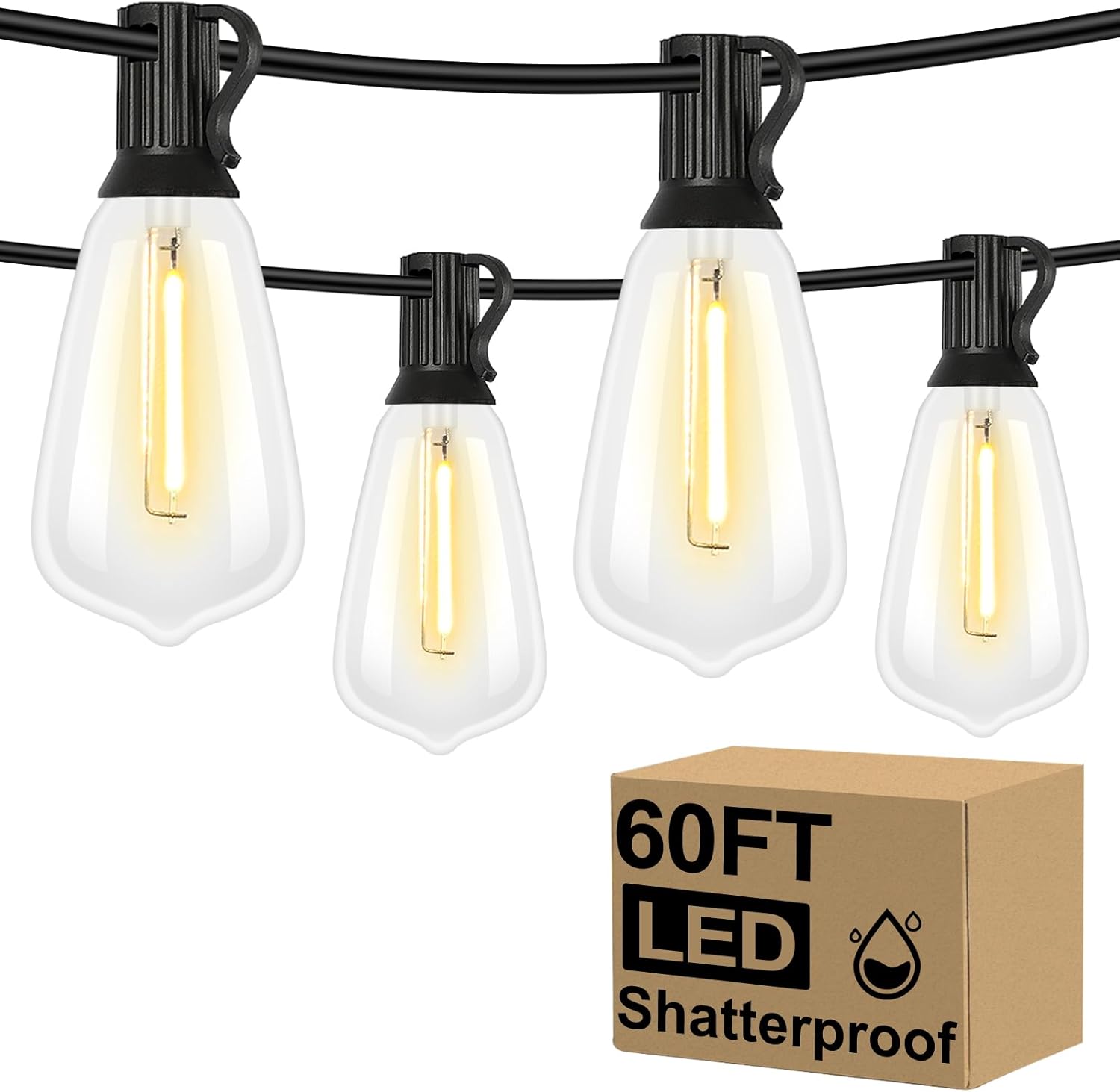 100FT Outdoor LED String Lights with 52 Shatterproof Vintage Edison Bulbs, Waterproof Dimmable Patio Lighting