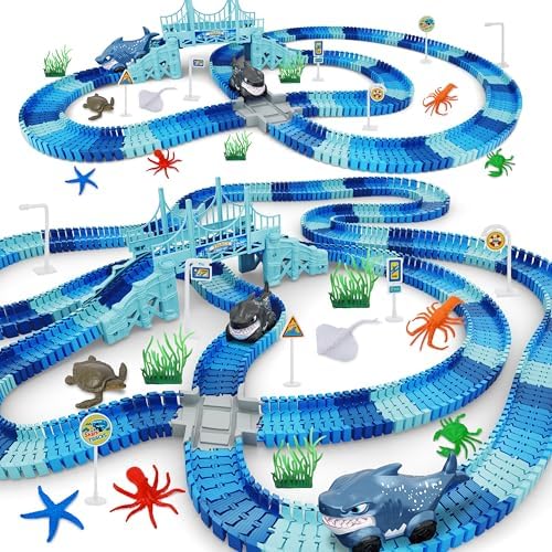 Dinosaur World Race Track Set with 216 Flexible Pieces & 2 Dinosaur Cars for Kids 3+