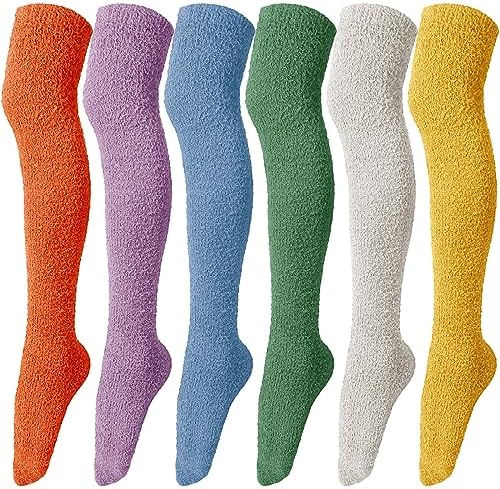 6 Pairs Women's Knee High Fuzzy Socks - Soft, Warm, Cozy Thigh High Stockings