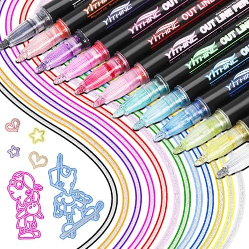 48 Colors Glitter Gel Pens Set with Outline Effect, Metallic Shimmer Markers for Arts & Crafts