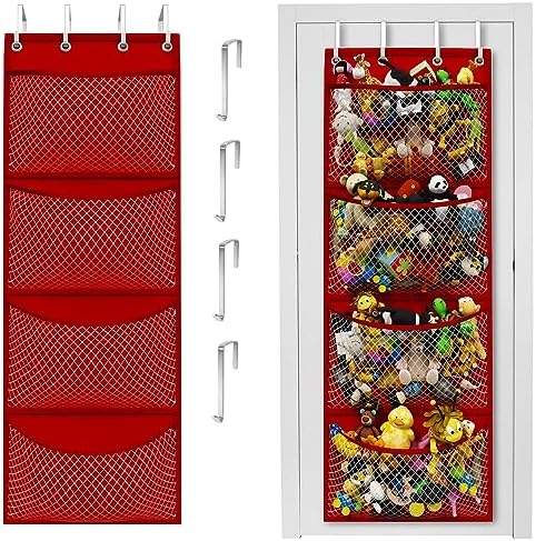 Over the Door Stuffed Animal Storage Organizer with 4 Large Mesh Pockets for Plush Toys