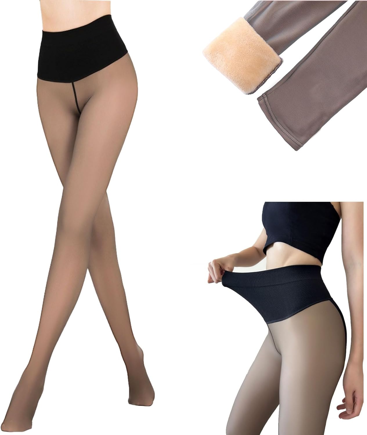 Fleece-Lined Compression Tights with One-Seam Design & Translucent Skin Tone