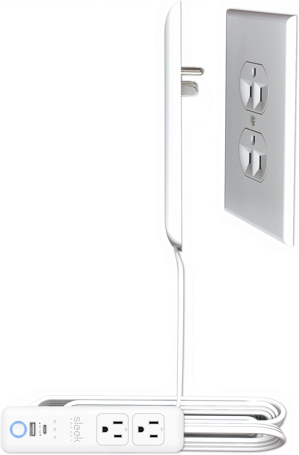 Ultra-Thin Flat Outlet Concealer with 3-Outlet Power Strip and 3ft Extension Cord Kit