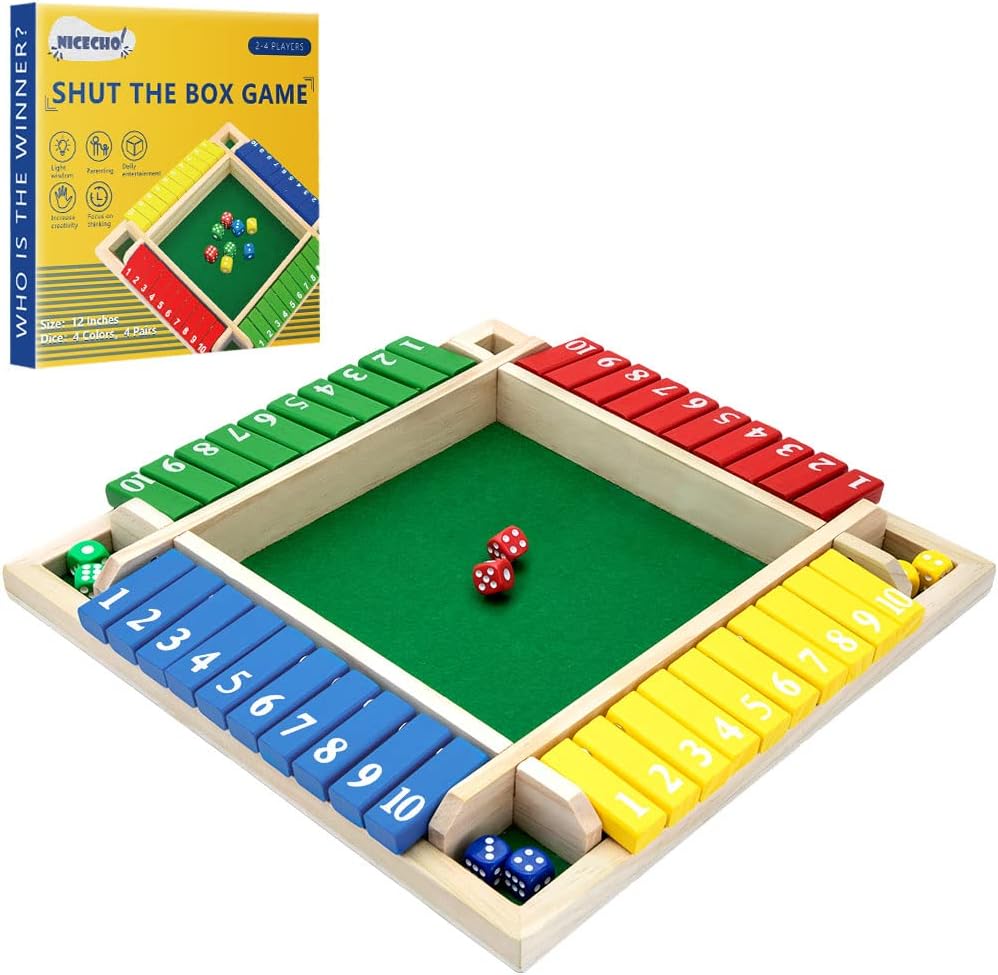 Shut The Box Dice Game for 2-4 Players, Wooden Math Board Game for Family and Classroom