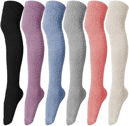 6 Pairs Women's Knee High Fuzzy Socks - Soft, Warm, Cozy Thigh High Stockings