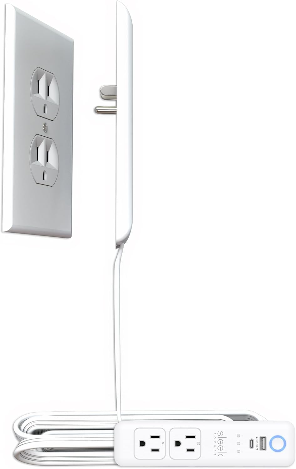 Ultra-Thin Flat Outlet Concealer with 3-Outlet Power Strip and 3ft Extension Cord Kit