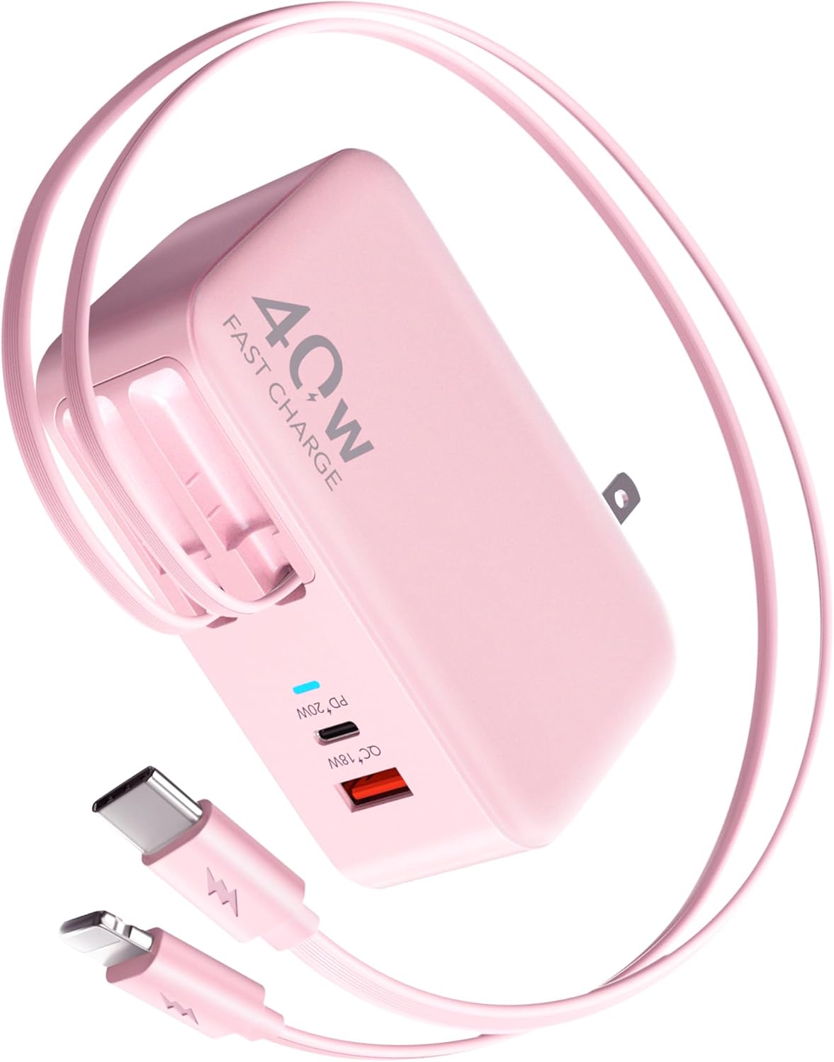40W 4-in-1 Retractable Wall Charger with Foldable Plug & Dual Cables