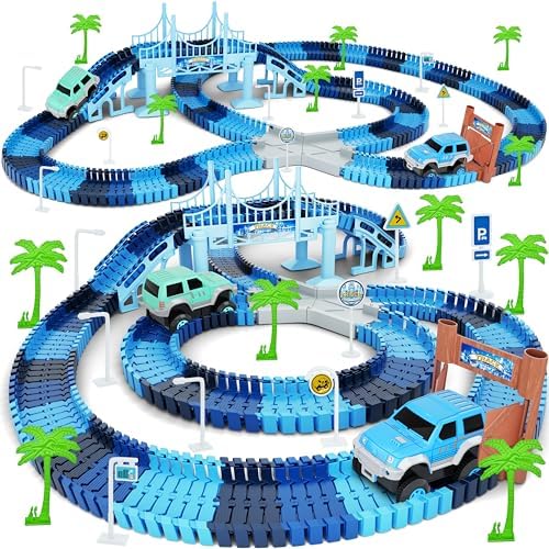Dinosaur World Race Track Set with 216 Flexible Pieces & 2 Dinosaur Cars for Kids 3+