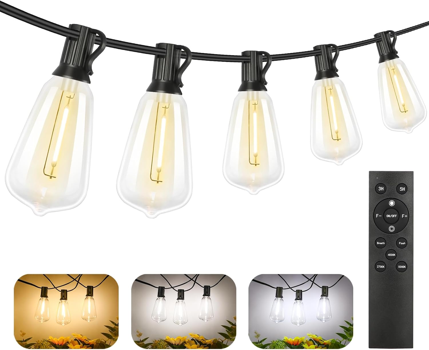 100FT Outdoor LED String Lights with 52 Shatterproof Vintage Edison Bulbs, Waterproof Dimmable Patio Lighting