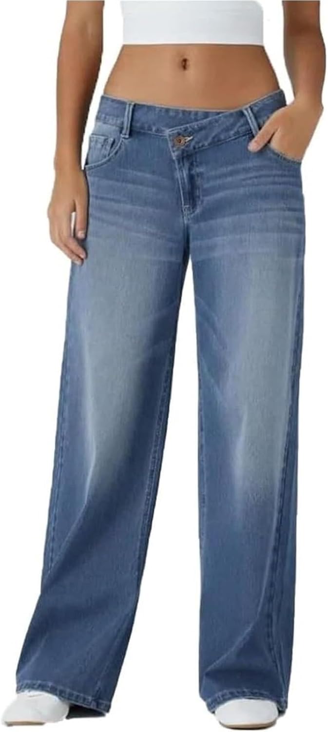 Asymmetrical Low-Rise Loose Jeans for Women, Wide Leg Baggy Straight Denim Pants