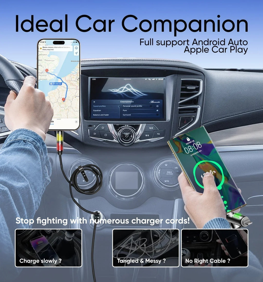 240W 4-in-1 Fast Charging Cable with RGB Glow - USB-A, Dual USB-C & Lightning