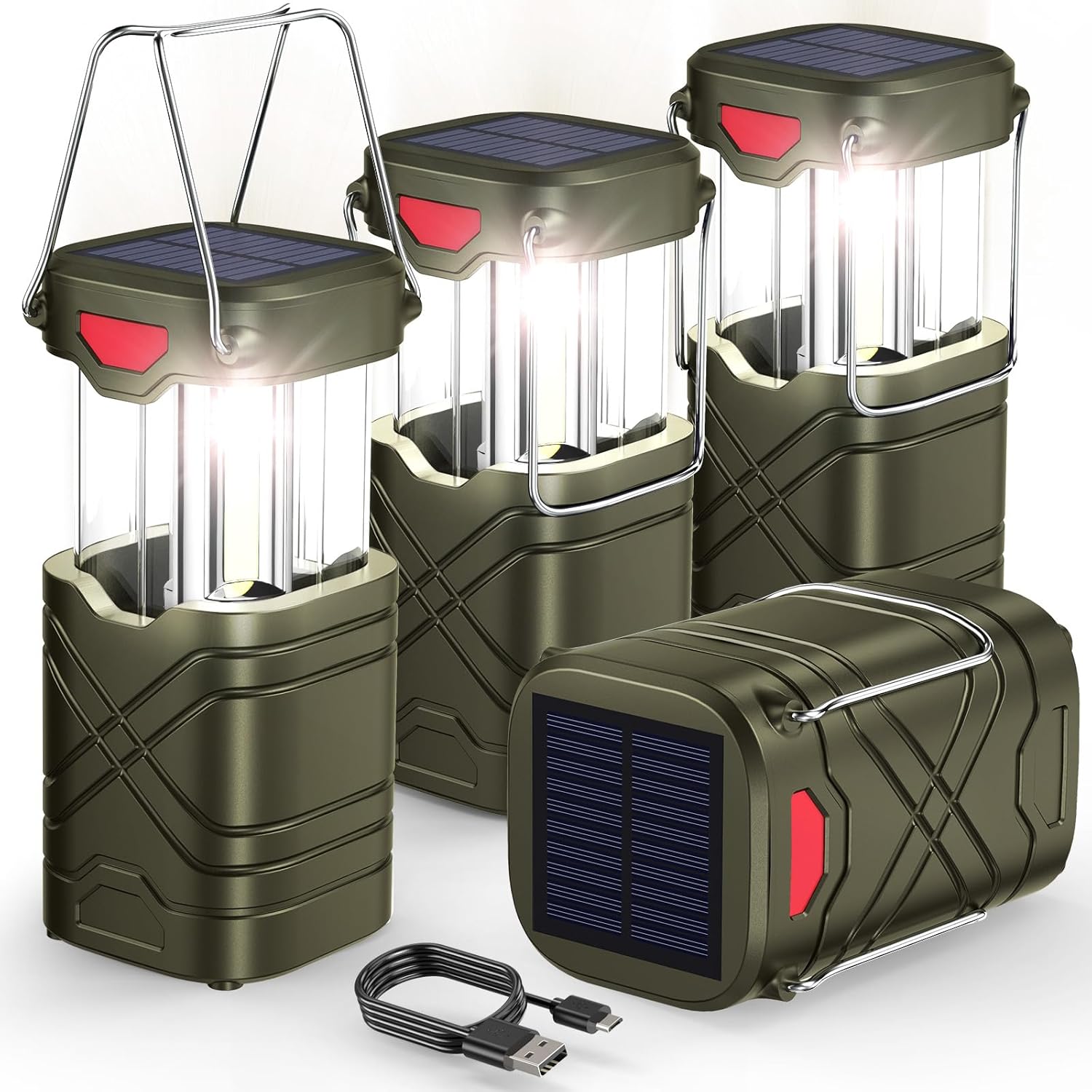 4-Pack Rechargeable LED Camping Lanterns with 3 Power Sources, 600 Lumens, Water-Resistant