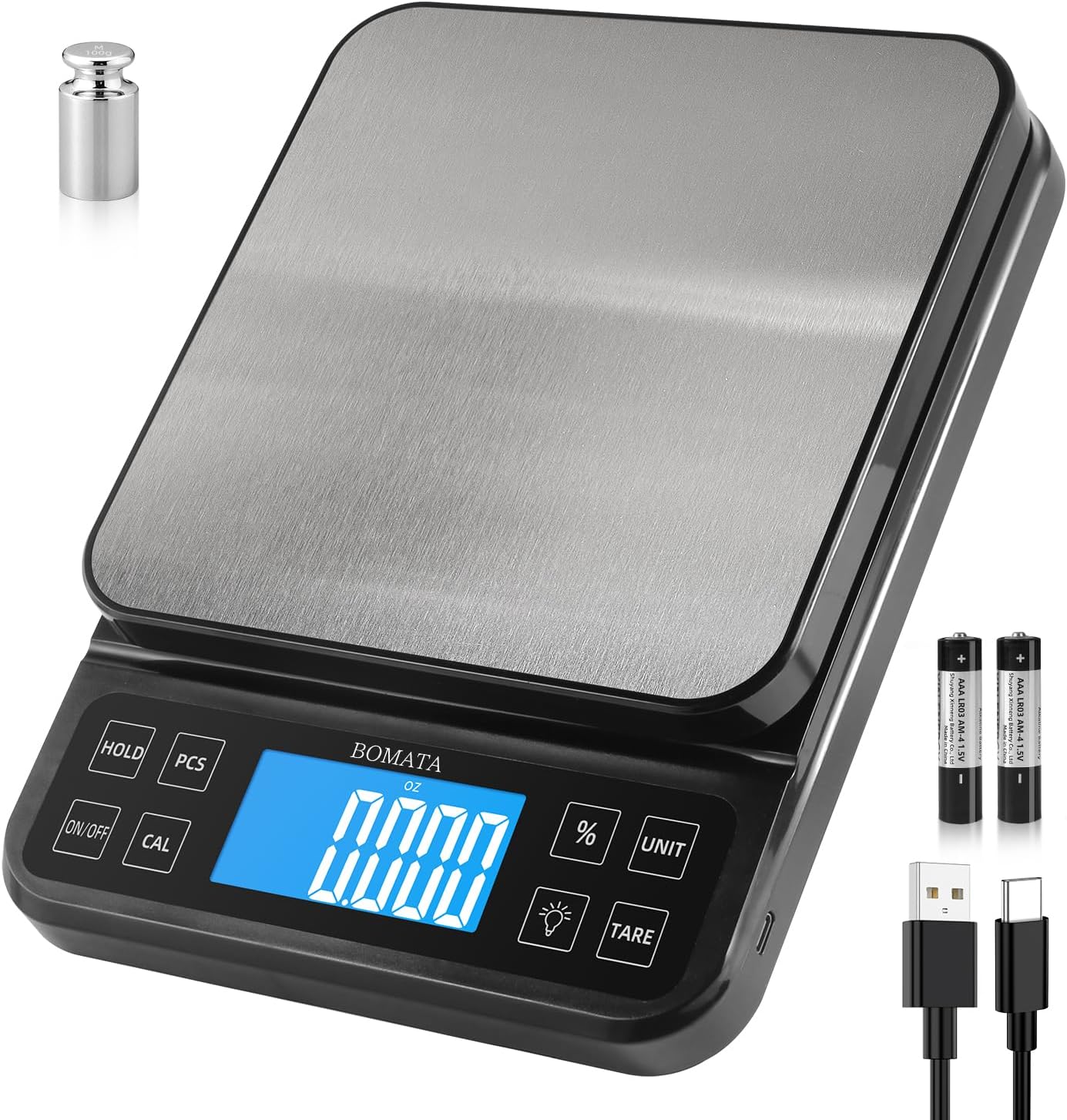 Large Kitchen Scale with 0.1g High Precision, 5kg Capacity, USB Rechargeable, Stainless Steel Pan