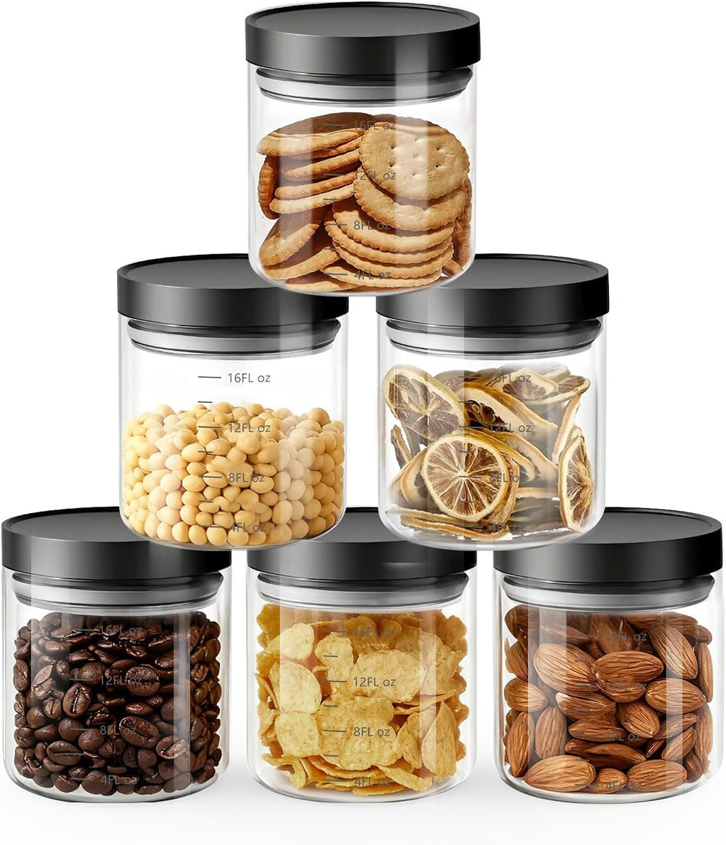 Set of 6 Airtight Glass Storage Canisters with Press-Seal Lids - 3mm Thick Borosilicate Jars for Pantry