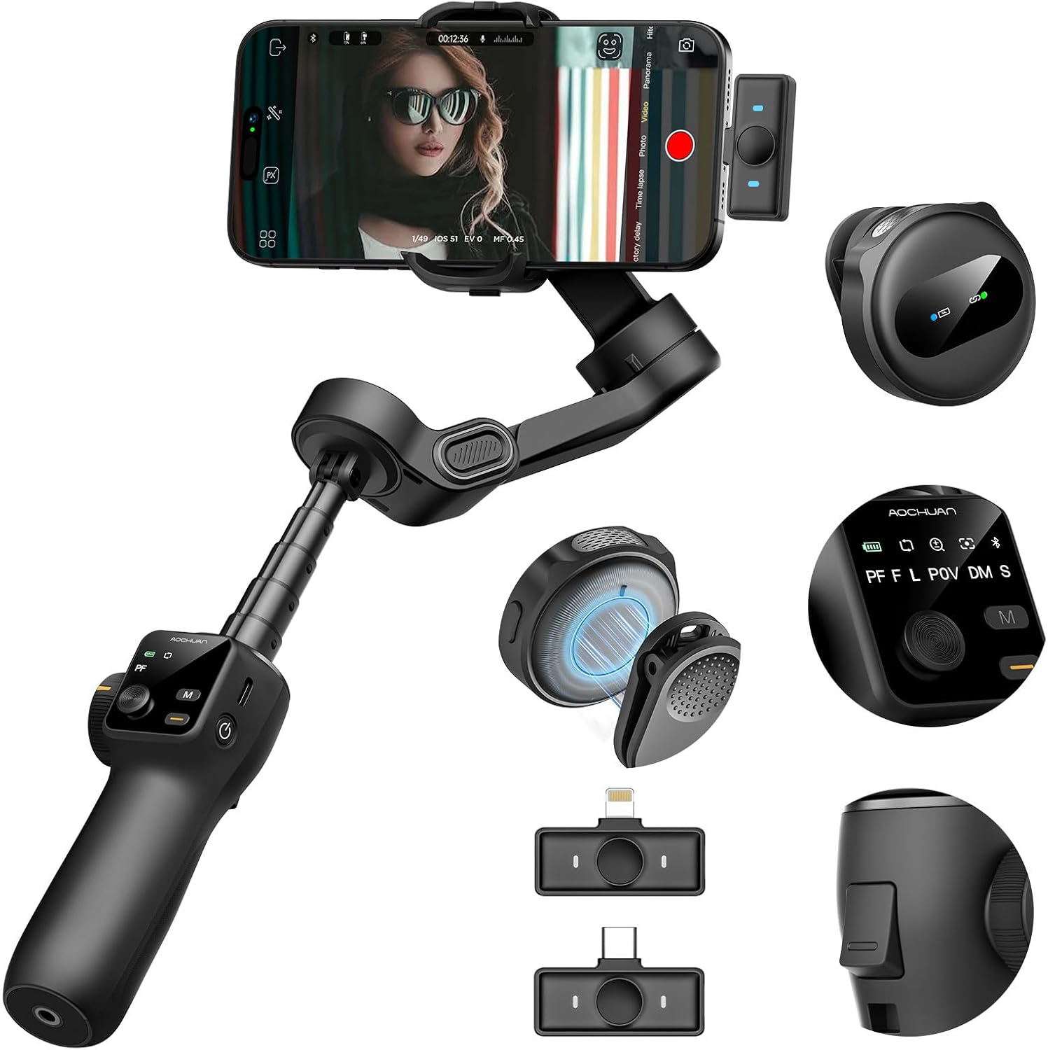 3-Axis Smartphone Gimbal with Built-in 7.8' Extension Rod, AI Tracking & OLED Display