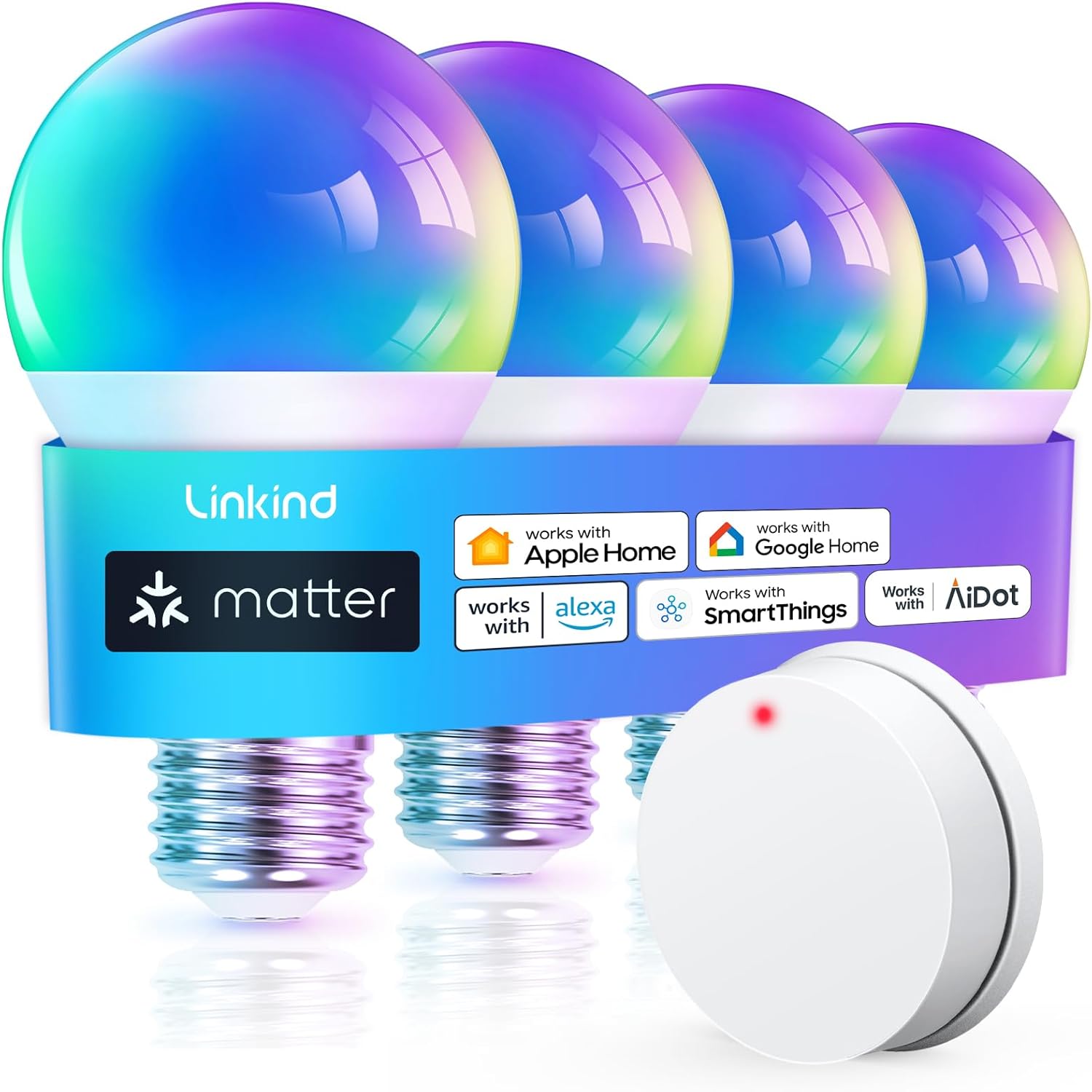 Matter Smart Light Bulb, 1600LM RGBTW Color Changing, Music Sync, Wi-Fi A21 E26, 4-Pack