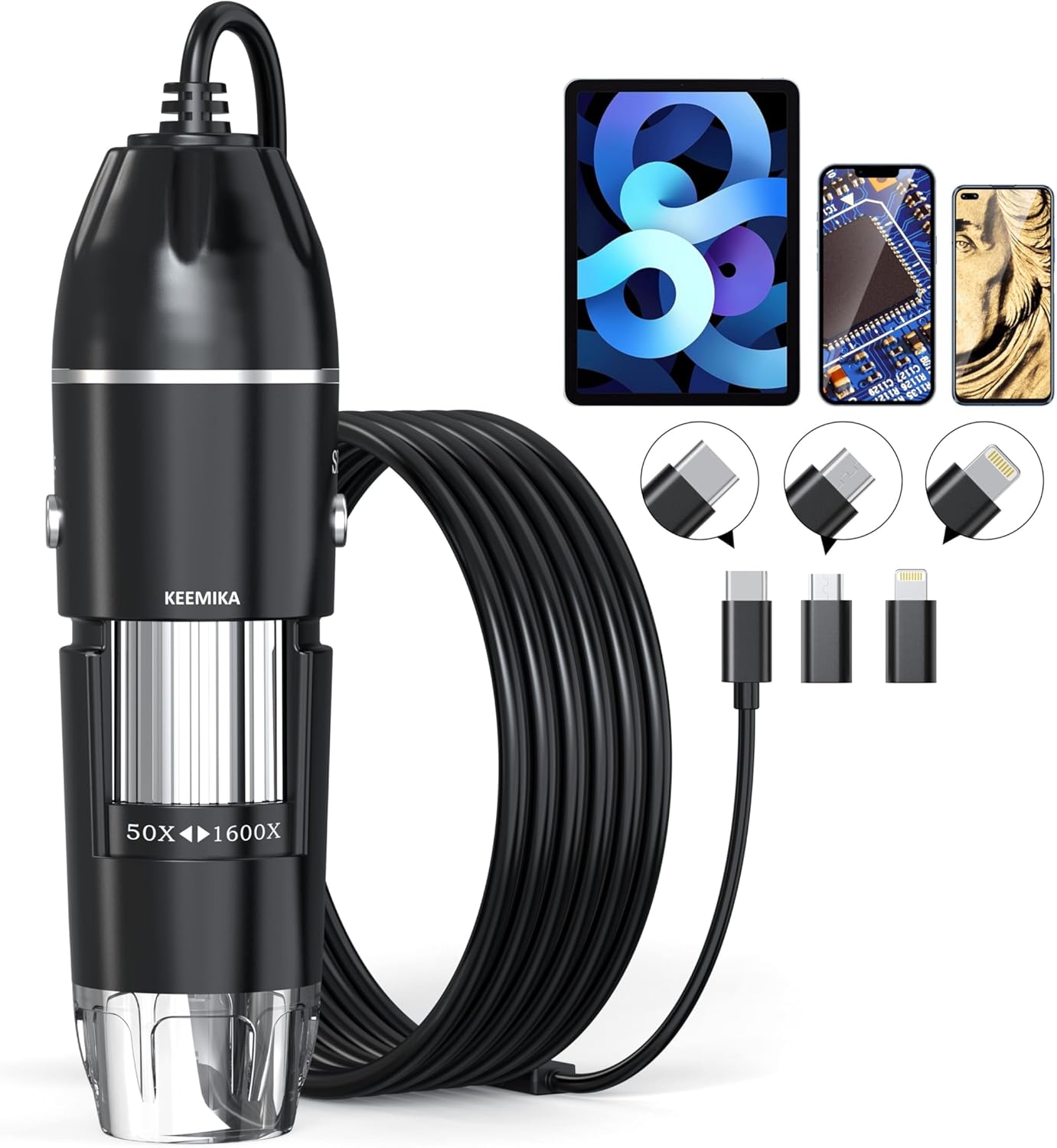USB Digital Microscope with 50x-1600x Magnification, 1440P HD Camera, 8 LED Lights for iOS/Android