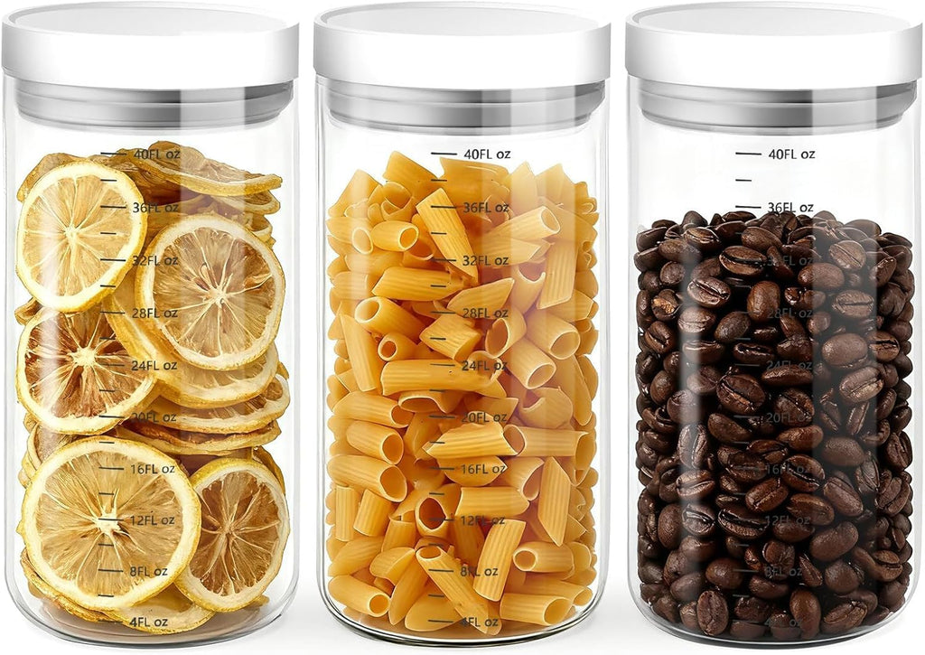 Set of 6 Airtight Glass Storage Canisters with Press-Seal Lids - 3mm Thick Borosilicate Jars for Pantry
