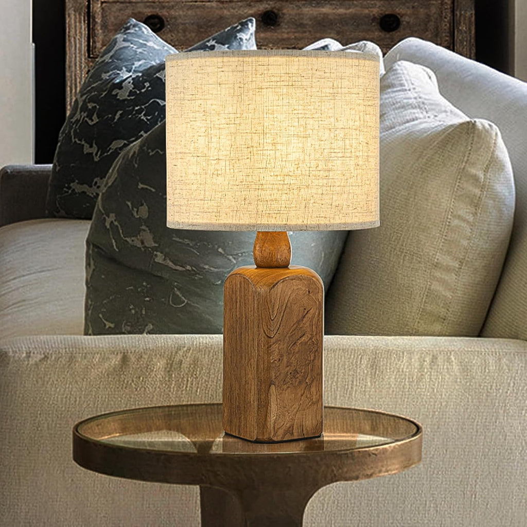 18" Farmhouse Table Lamp with Wood Base and Beige Fabric Shade for Bedside, Desk, or Living Room