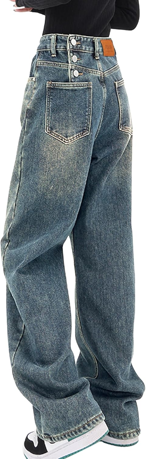 Women's Baggy Jeans Mid-Low Waist Boyfriend Vintage Wide Leg Denim Pants