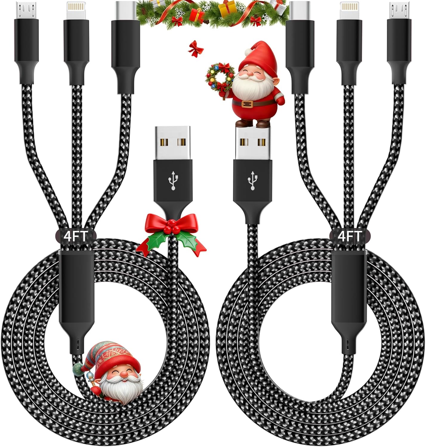 65W 4-in-1 Fast Charging Cable with E-Mark Chip, Multi-Port USB C Cable for Phones & Tablets