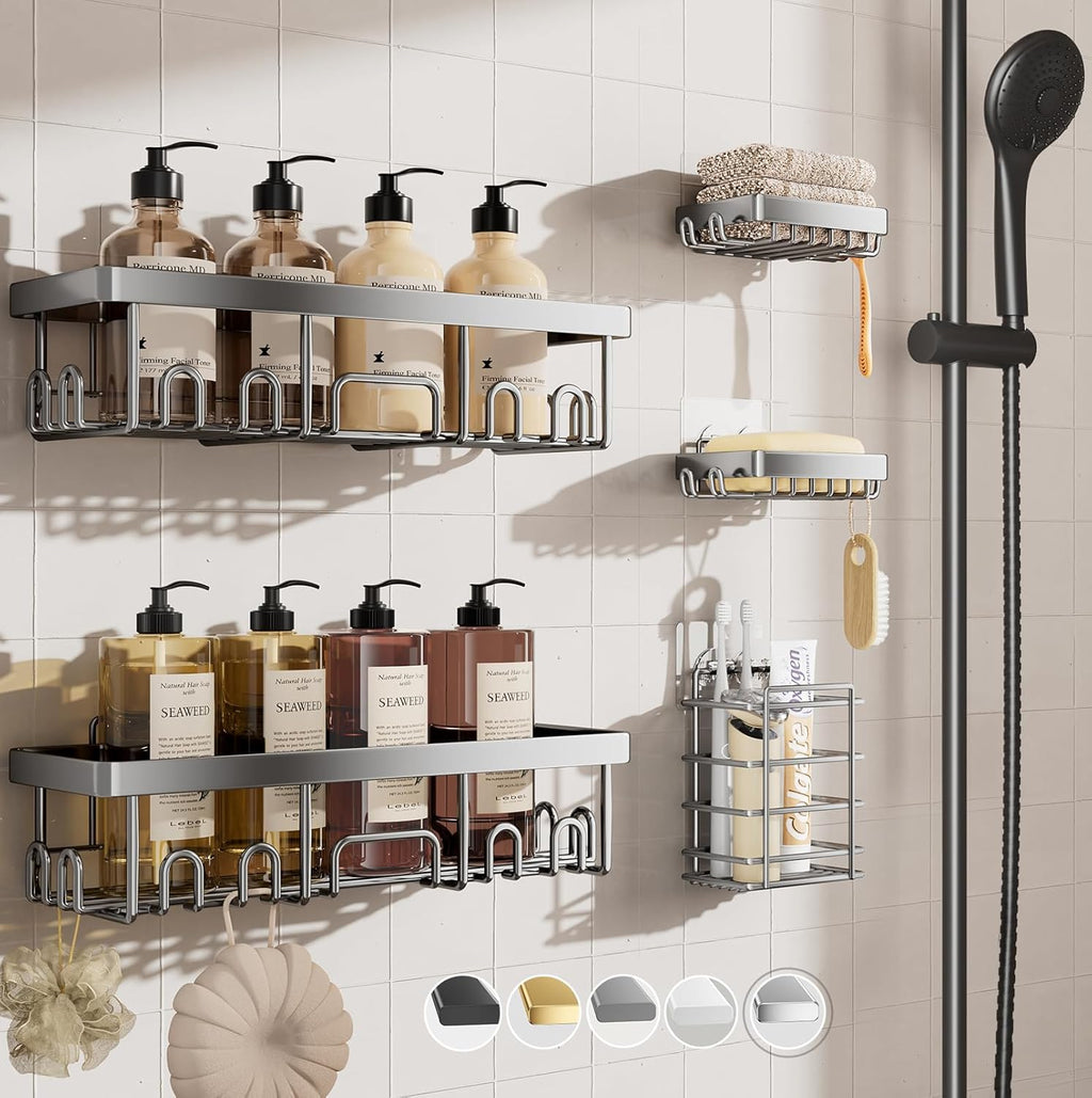 6-Pack Adhesive Shower Caddy Set - Rustproof Stainless Steel Bathroom Organizer & Storage