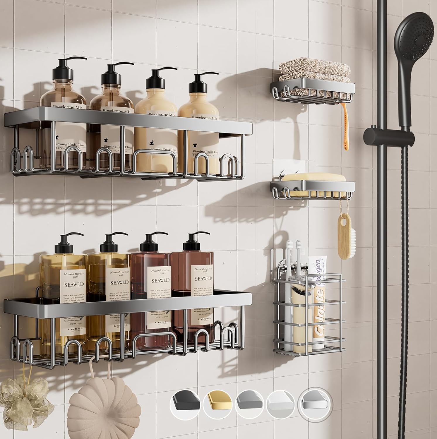 6-Pack Adhesive Shower Caddy Set - Rustproof Stainless Steel Bathroom Organizer & Storage